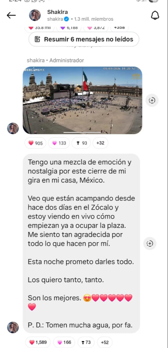 Shakira emite mensajes de amor en su canal de difusión.