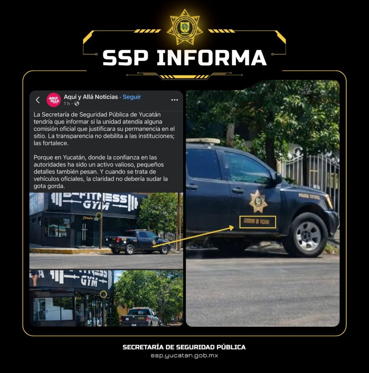 SSP informa sobre la unidad estacionada cerca de un gimnasio.