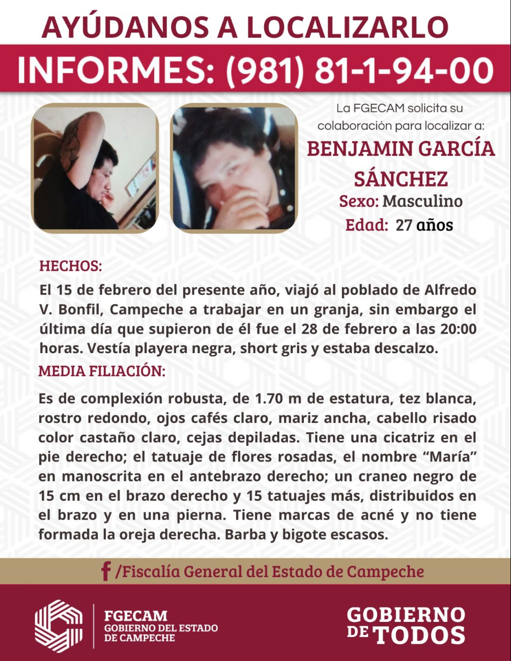 La ficha de búsqueda fue difundida por la Fiscalía General del Estado de Campeche.