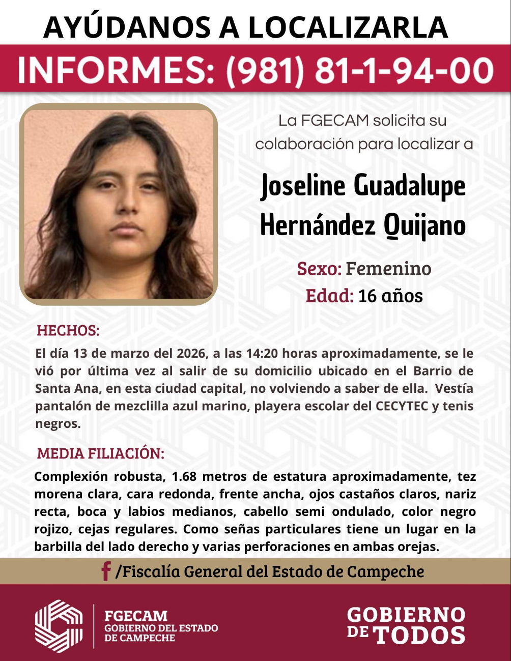 Autoridades piden apoyo ciudadano para localizarla.