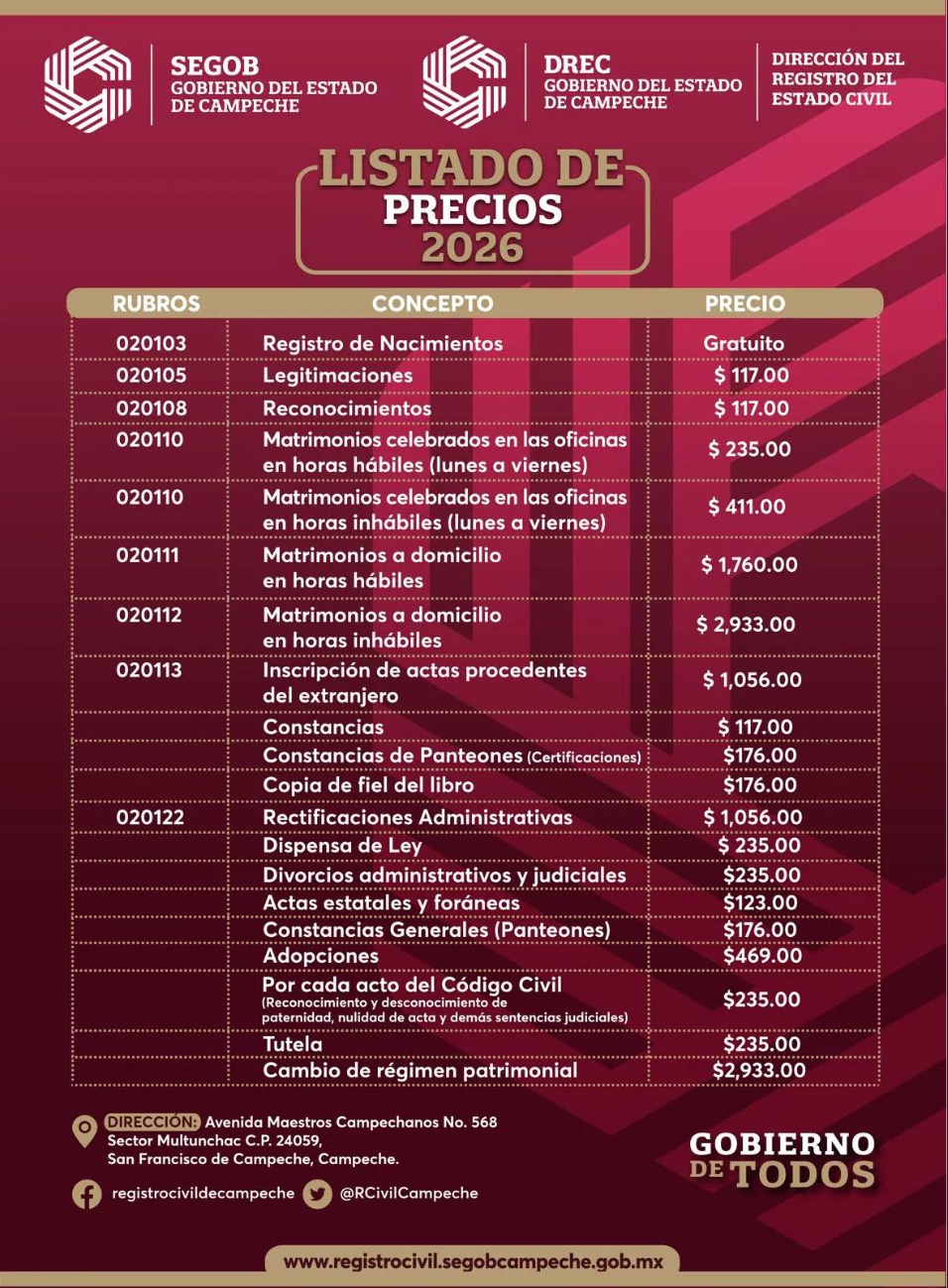 Lista oficial 2026: cuánto cuesta casarse, divorciarse y hacer trámites en Campeche