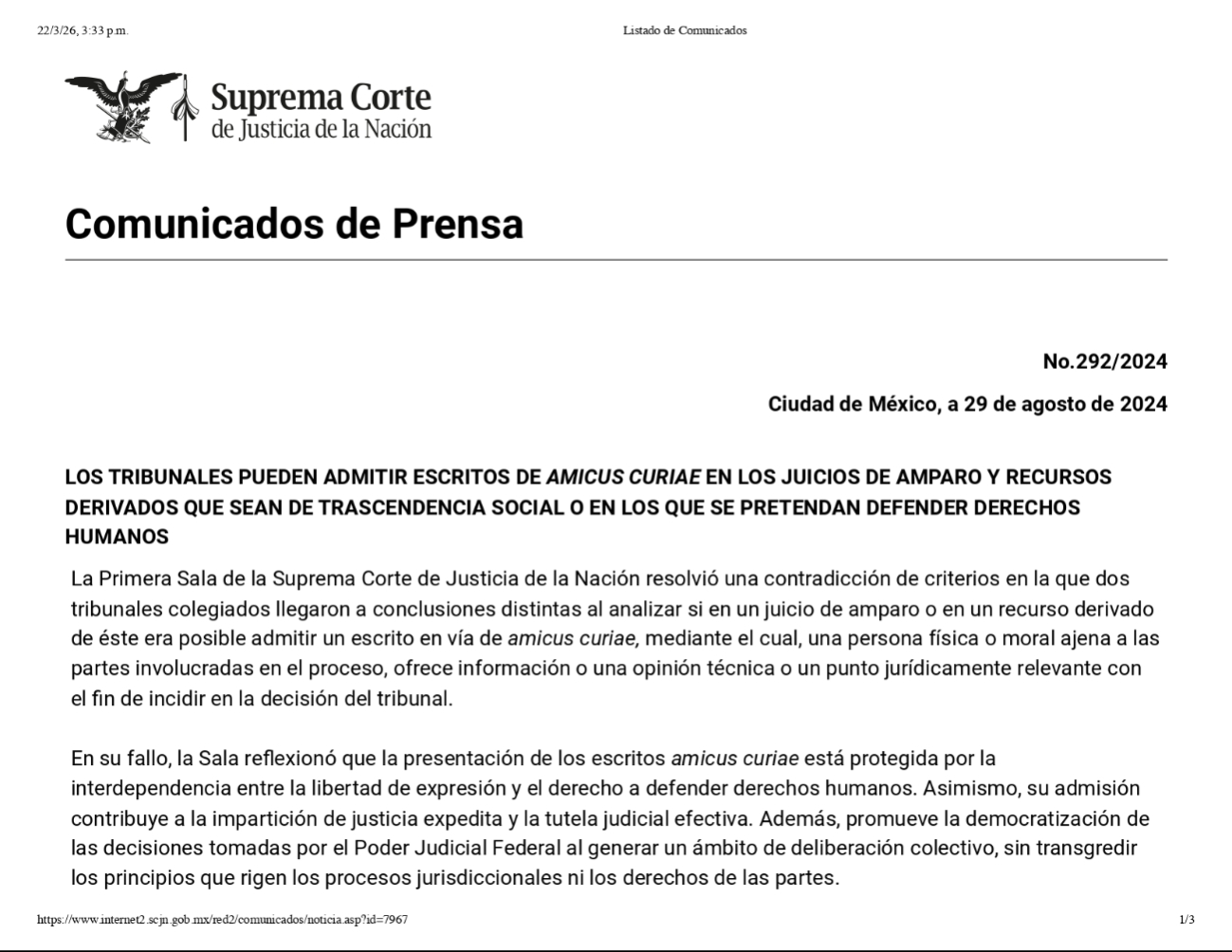 La Suprema Corte de Justicia de la Nación reconoce que se puede admitir escritos de “Amicus Curiae”  como el que fue interpuesto hace unos días en el caso contra el consorcio que opera en Q. Roo