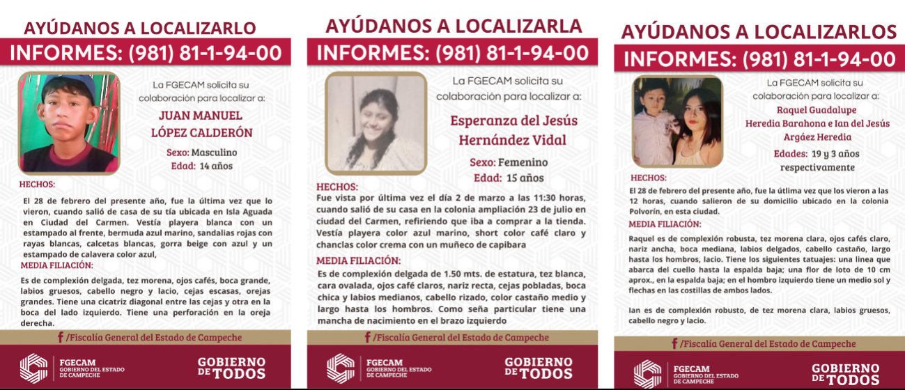 Se trata de tres menores y una joven adulta reportados como desaparecidos.