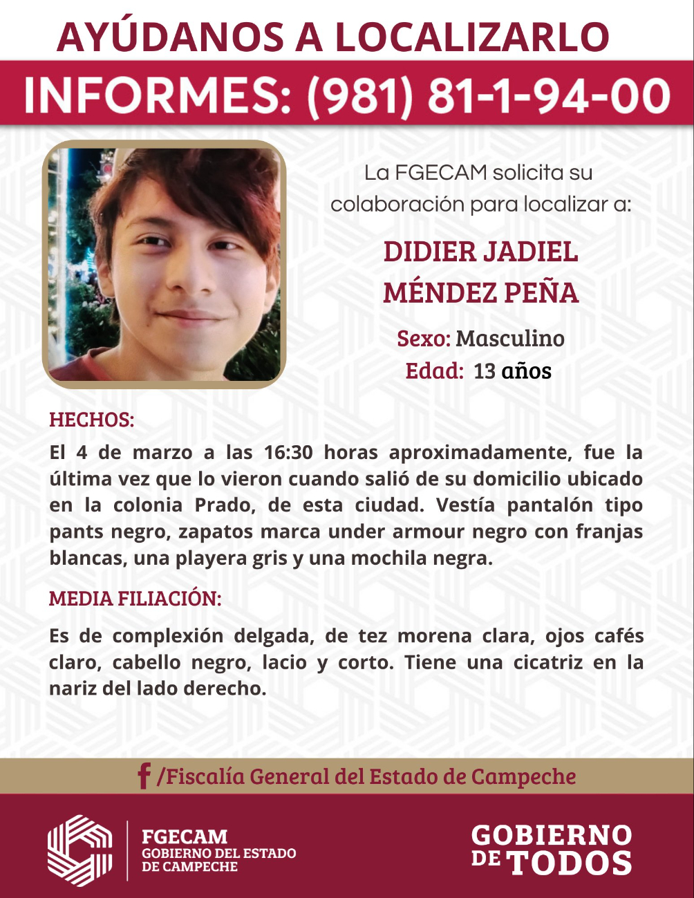 Fiscalía de Campeche solicita ayuda para encontrar a Didier Jadiel, menor desaparecido