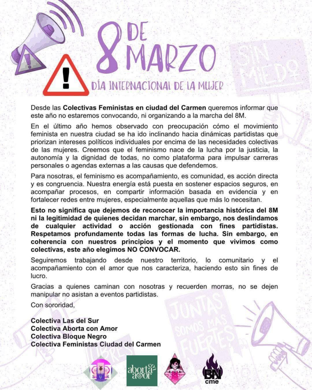 Apartidistas desafían a colectivas y convocan marcha del 8M