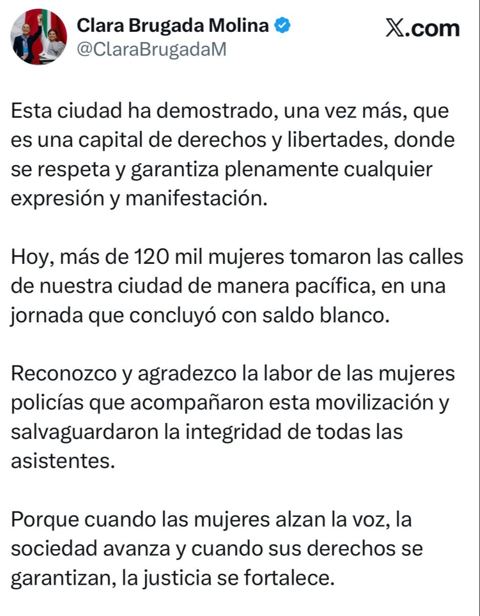 Mensaje de Clara Brugada tras este 8M.