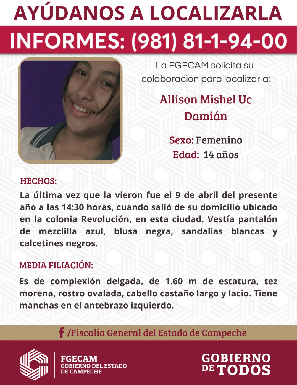 Allison Mishel Uc Damián, de 14 años, fue vista por última vez el 9 de abril en la colonia Revolución.