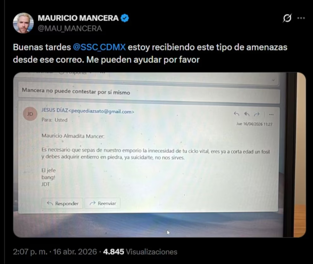 Mauricio Mancera denuncia amenazas de muerte en redes sociales.