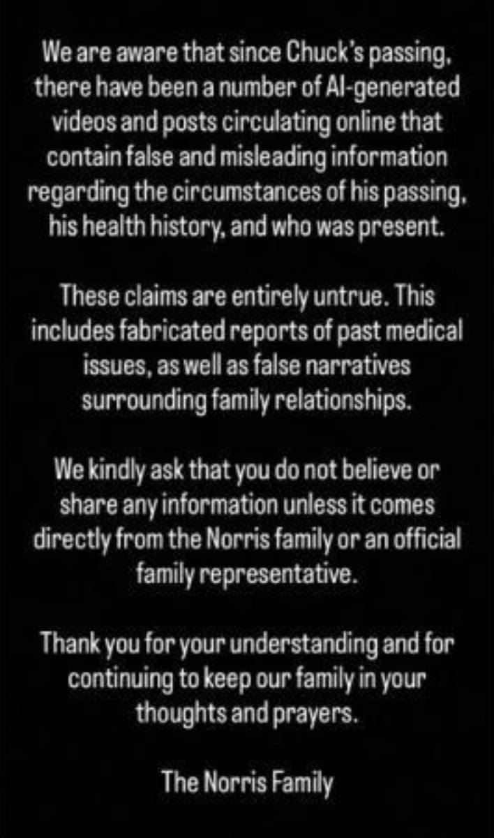 La familia de Chuck Norris emite un comunicado sobre la información falsa.