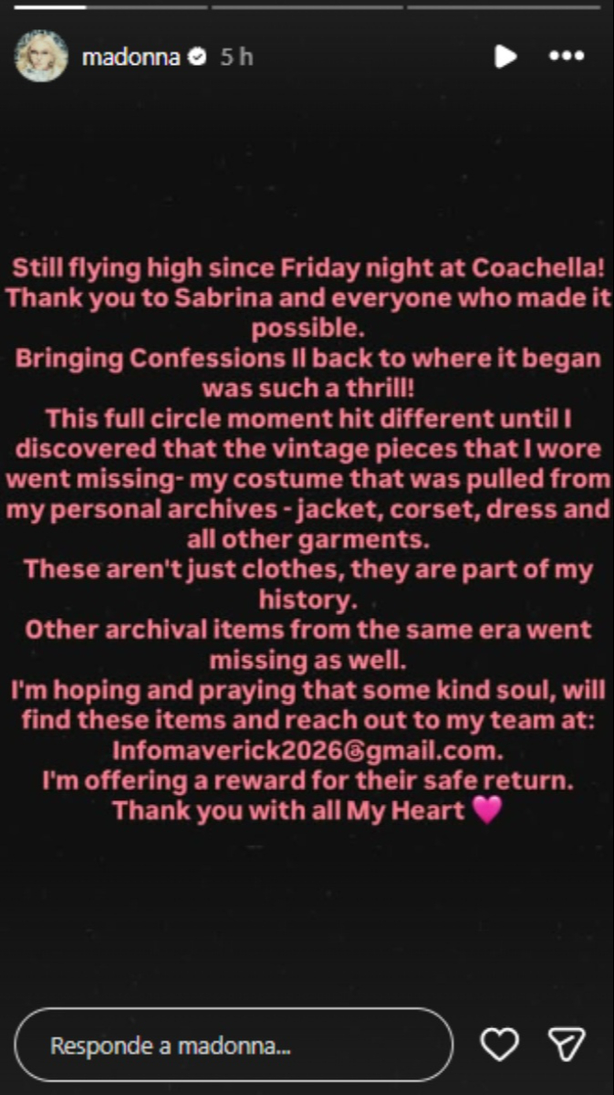 Madonna informando del robo en sus historias de Instagram.
