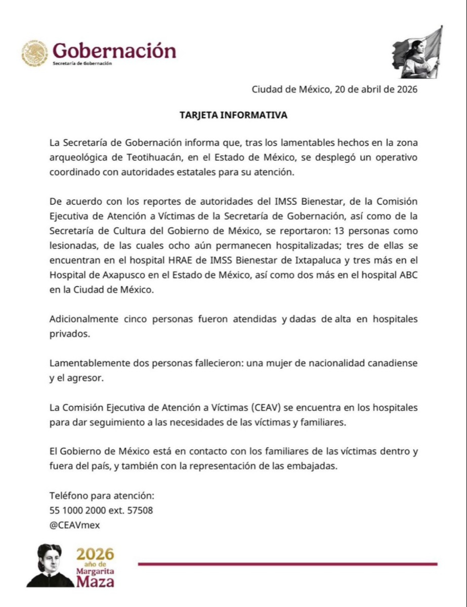 Segob comparte comunicado sobre los hechos ocurridos en Teotihuacán.