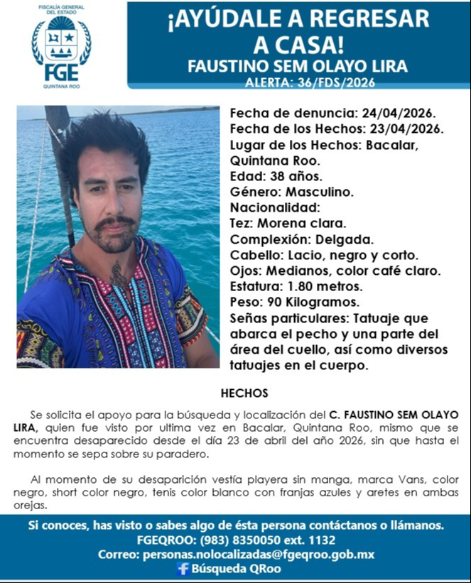 Activan protocolo de búsqueda en Bacalar tras desaparición de Faustino Sem Olayo Lira