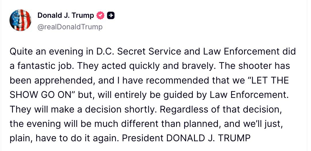 Donald Trump aseguró que el tirador ya fue detenido tras el incidente ocurrido en Washington, D.C.