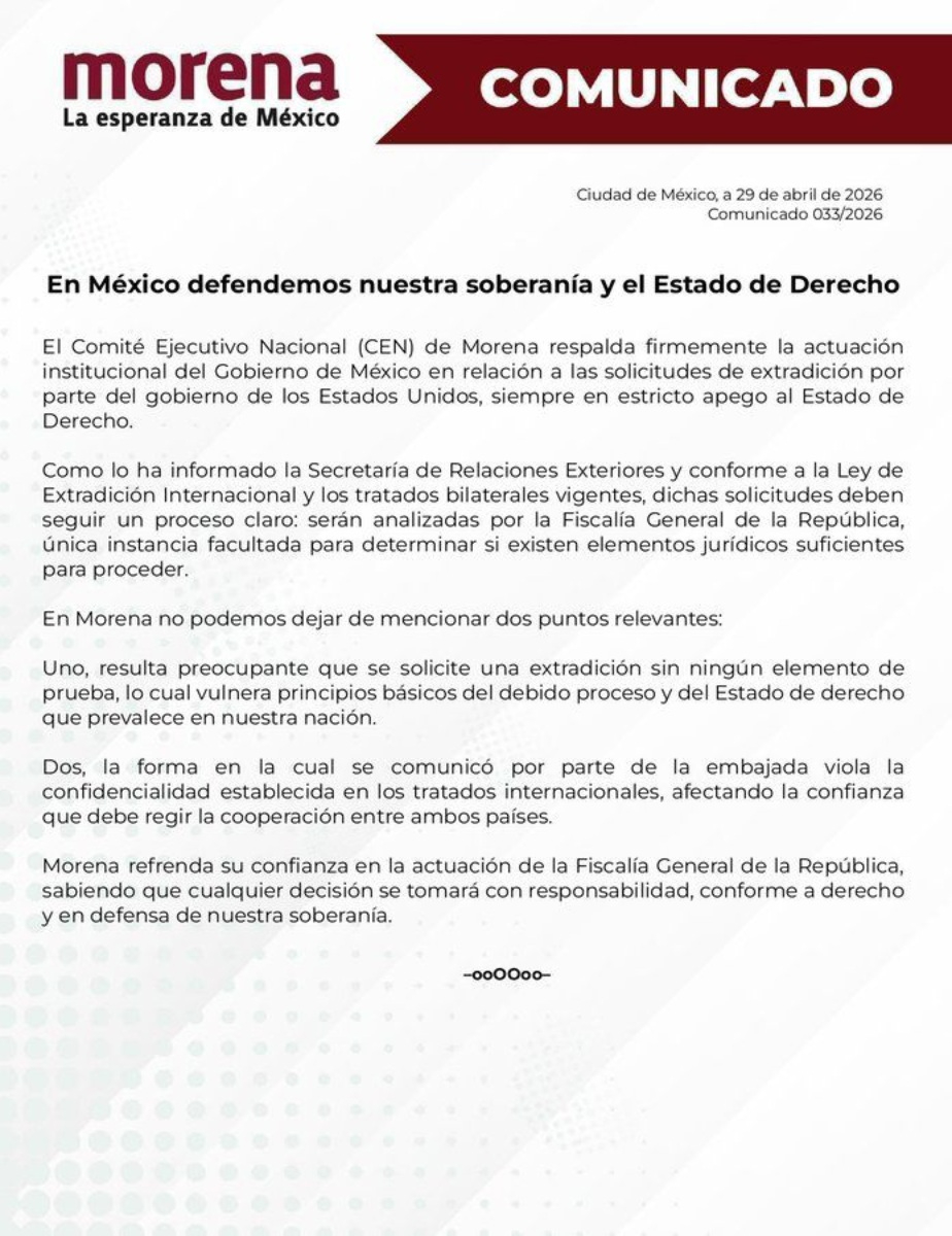 Comunicado de Morena respaldando al gobierno de México.