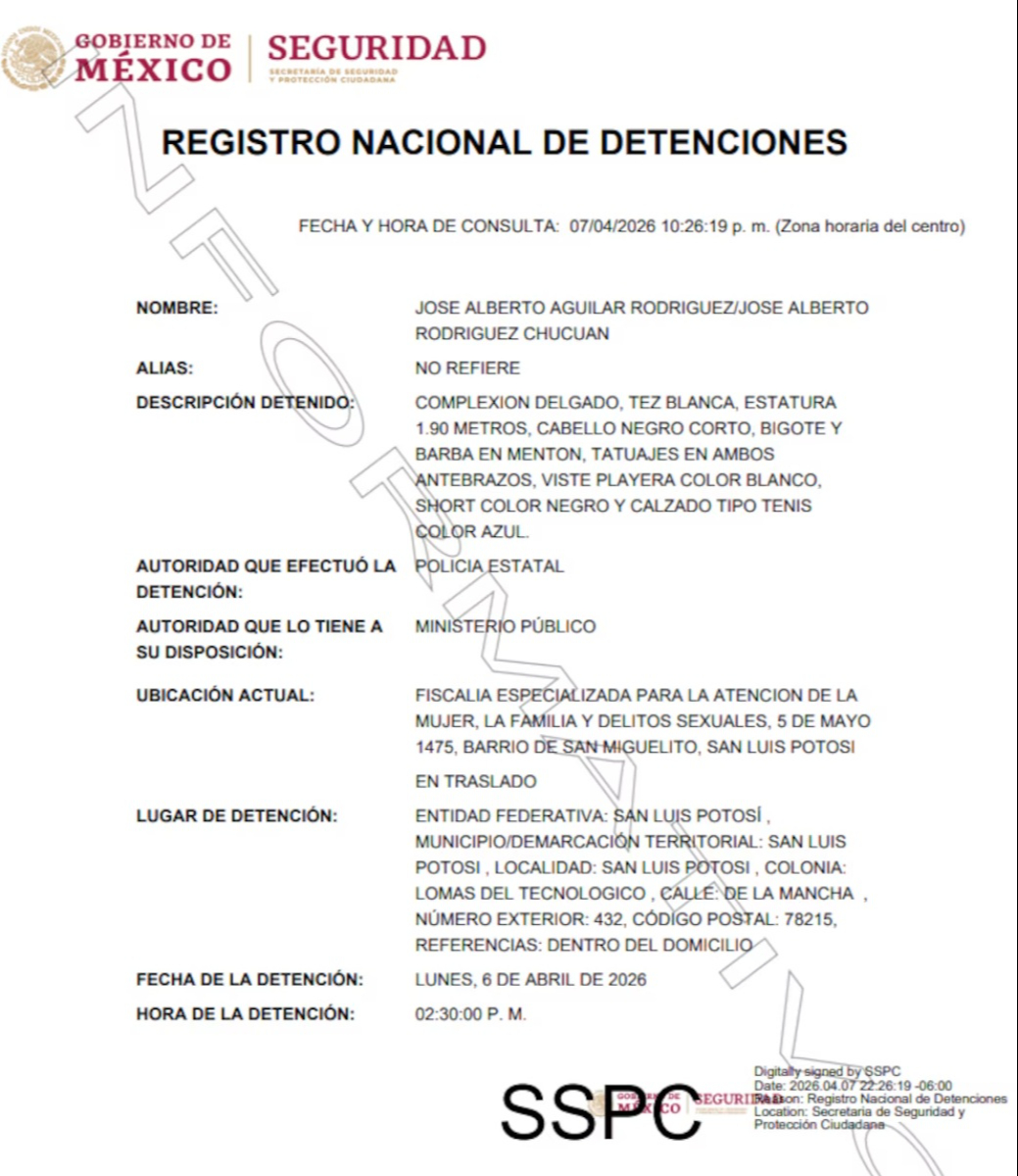 Ficha de detención de Alberto del Río, tras denuncia de violencia familiar.