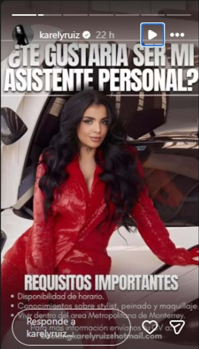 Karely Ruiz lanza oferta laboral en sus redes sociales.