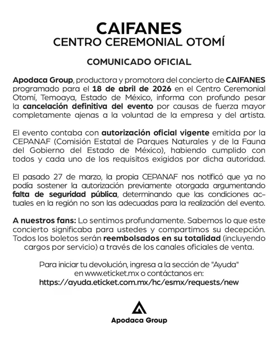 Comunicado de Apodaca Group sobre la cancelación del concierto de Caifanes.