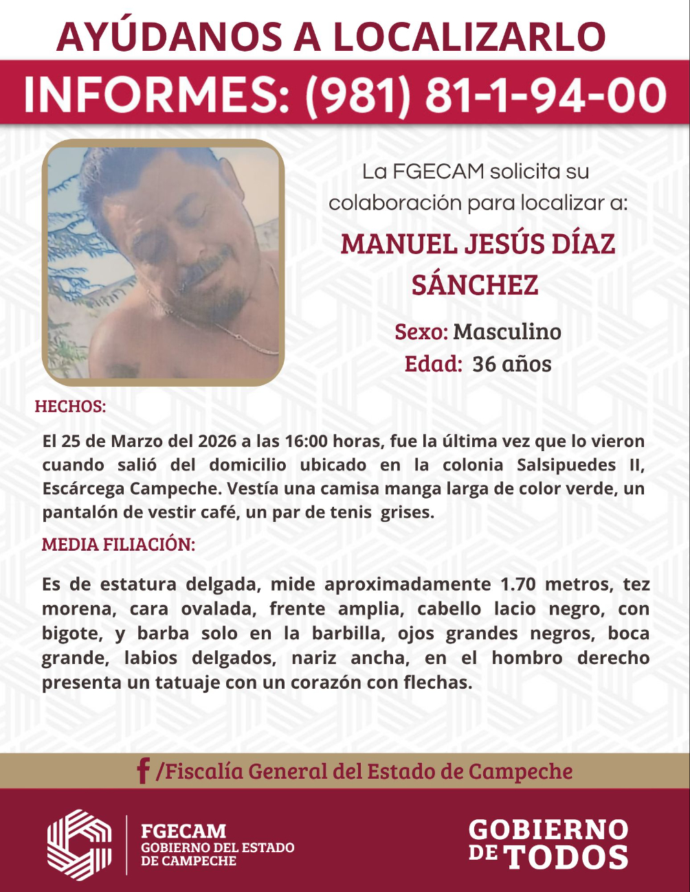 Fiscalía solicita apoyo ciudadano para localizarlo.