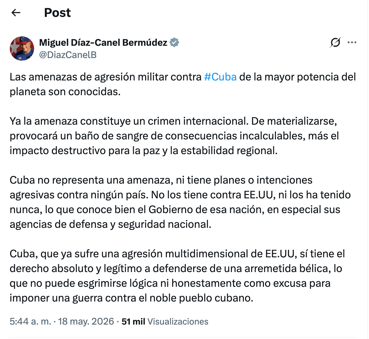 Díaz-Canel envía respuesta tars amenazas de Donls Trump.