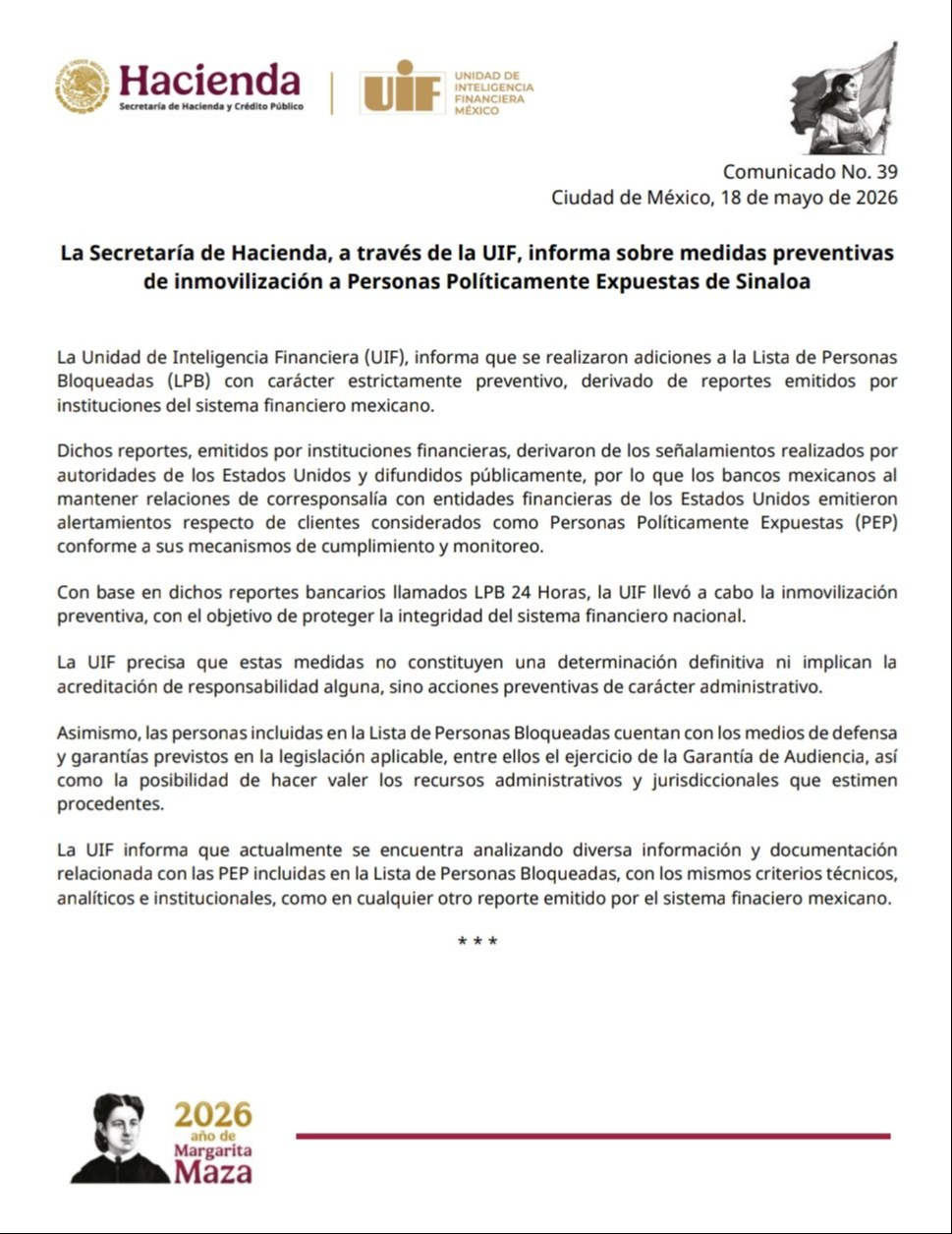 SHCP confirma medidas de inmovilización financiera