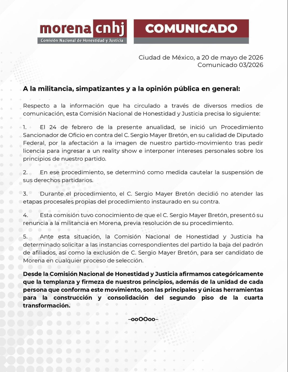Morena defiende principios internos y excluye a Sergio M