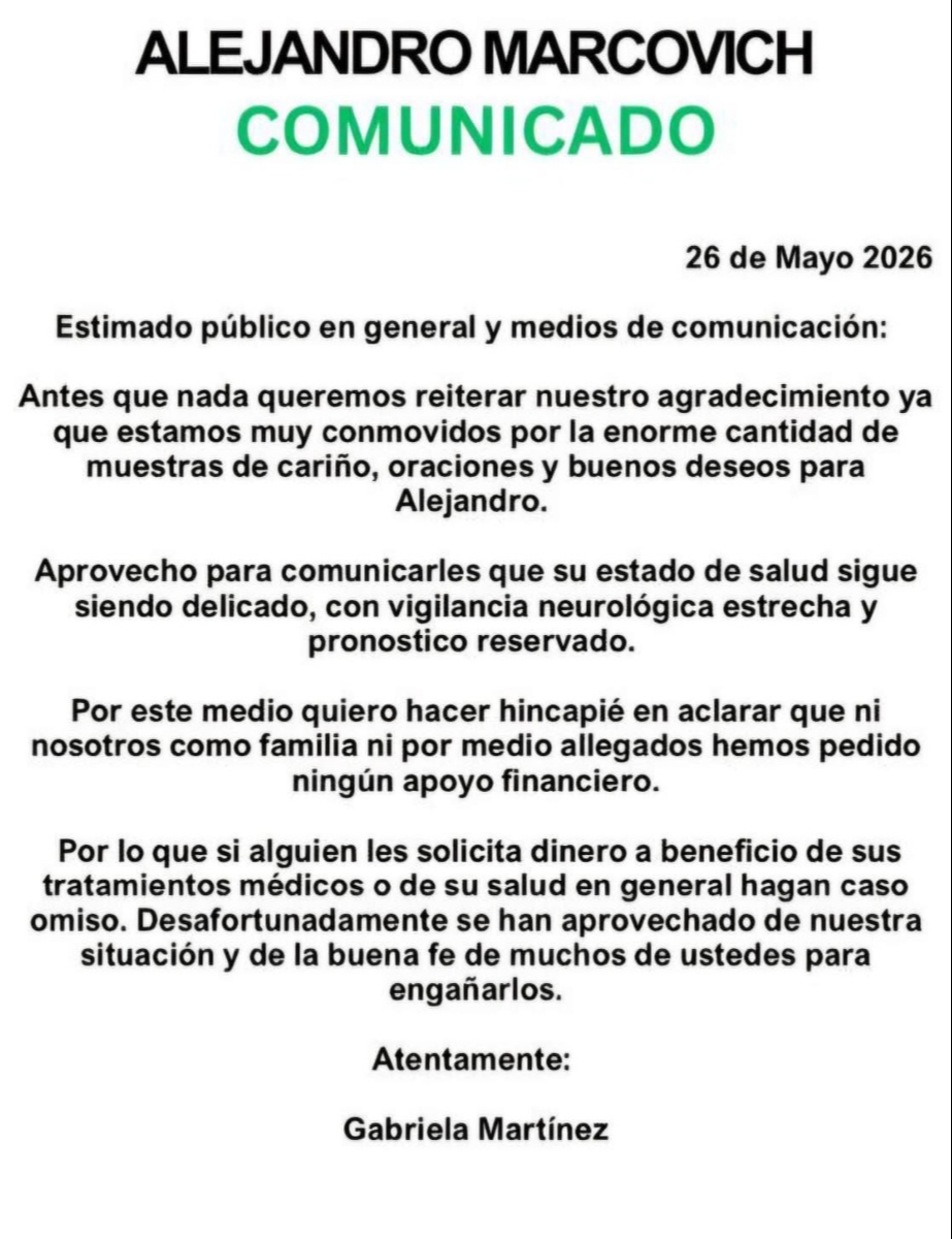 Comunicado de la familia de Alejandro Marcovich sobre colectas falsas.