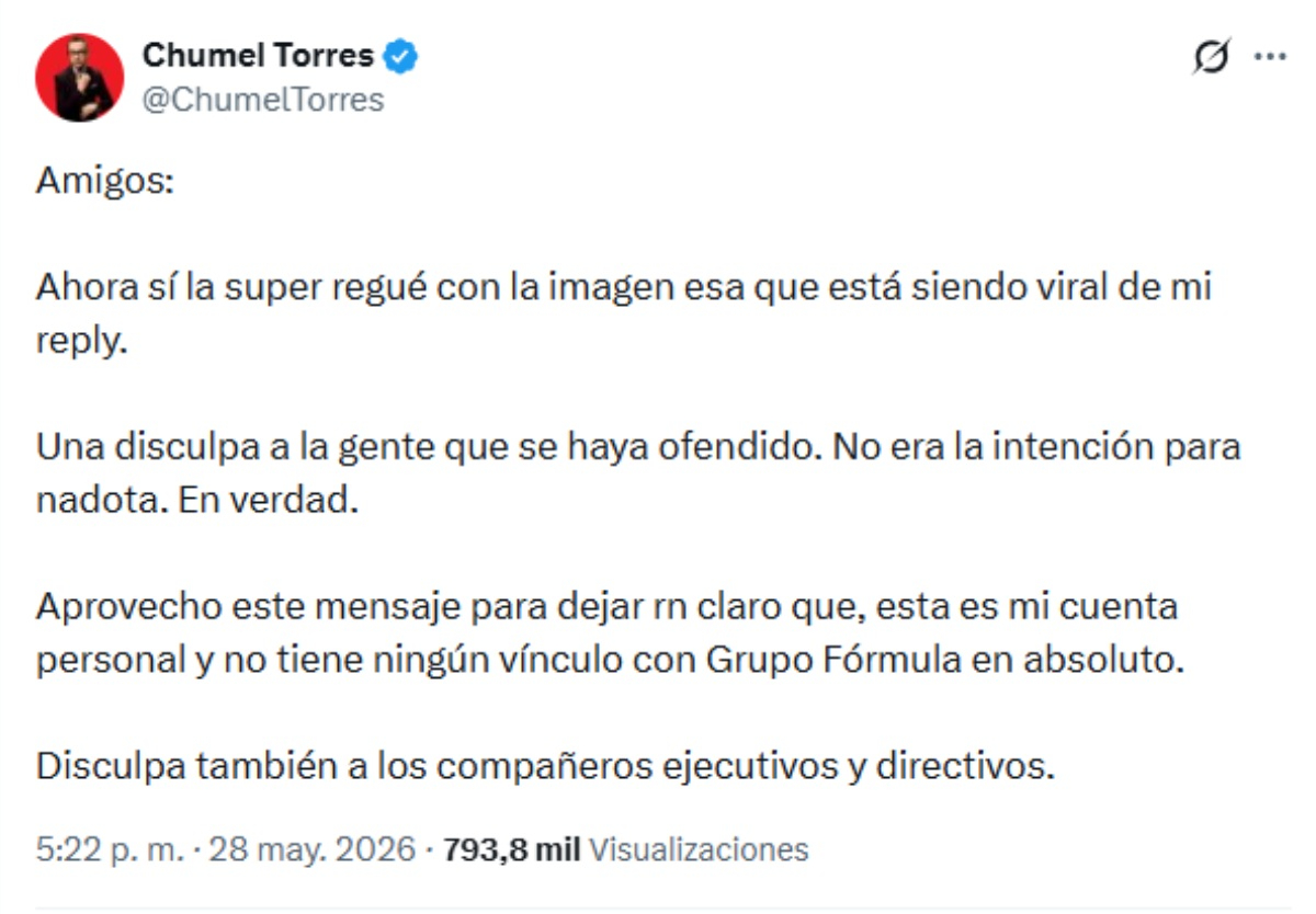 Chumel Torres ofrece disculpas tras críticas en redes sociales.