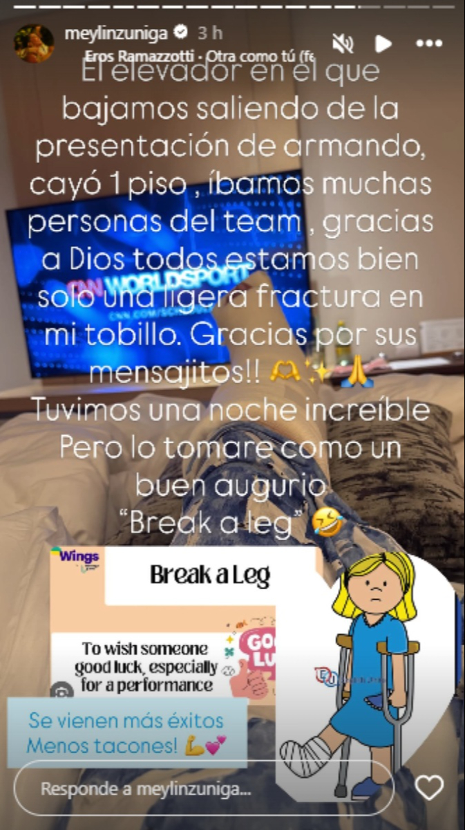 Meylin Zúñiga habla de su accidente en redes sociales.
