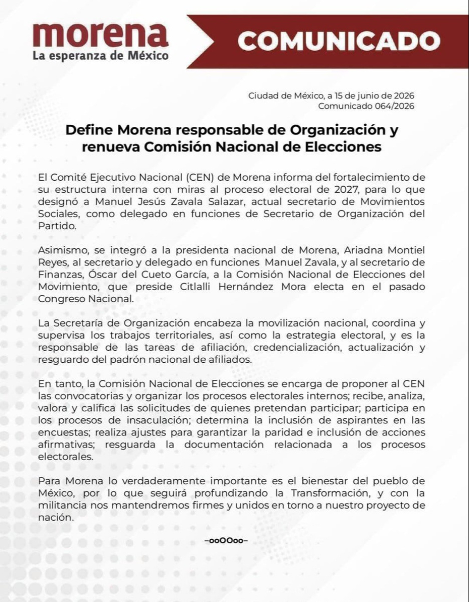 Morena informa sobre los ajustes en su organización por un comunicado.