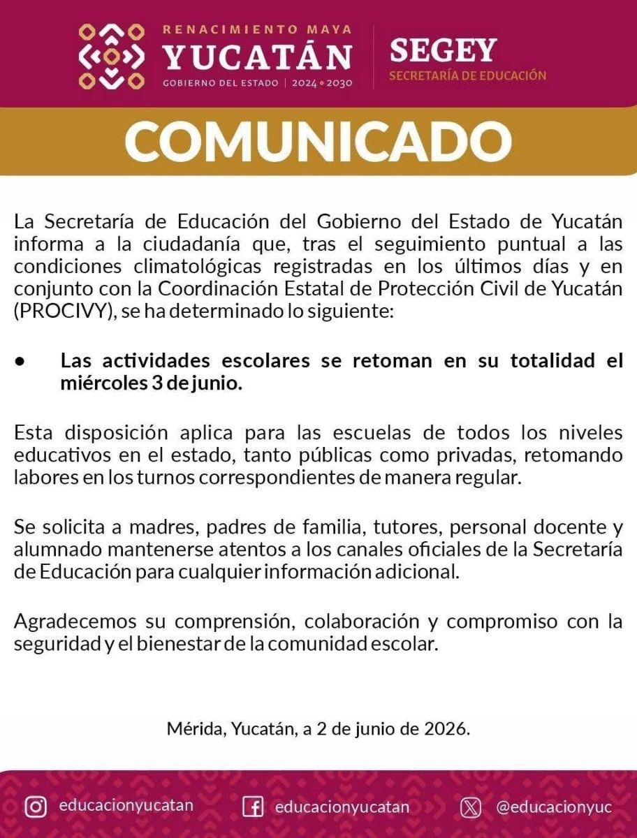 SEGEY informa sobre el regreso a clases en todo el estado.