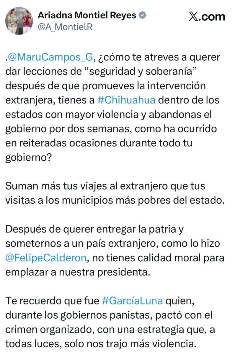 Ariadna Montiel arremete contra Maru Campos en su cuenta de X.