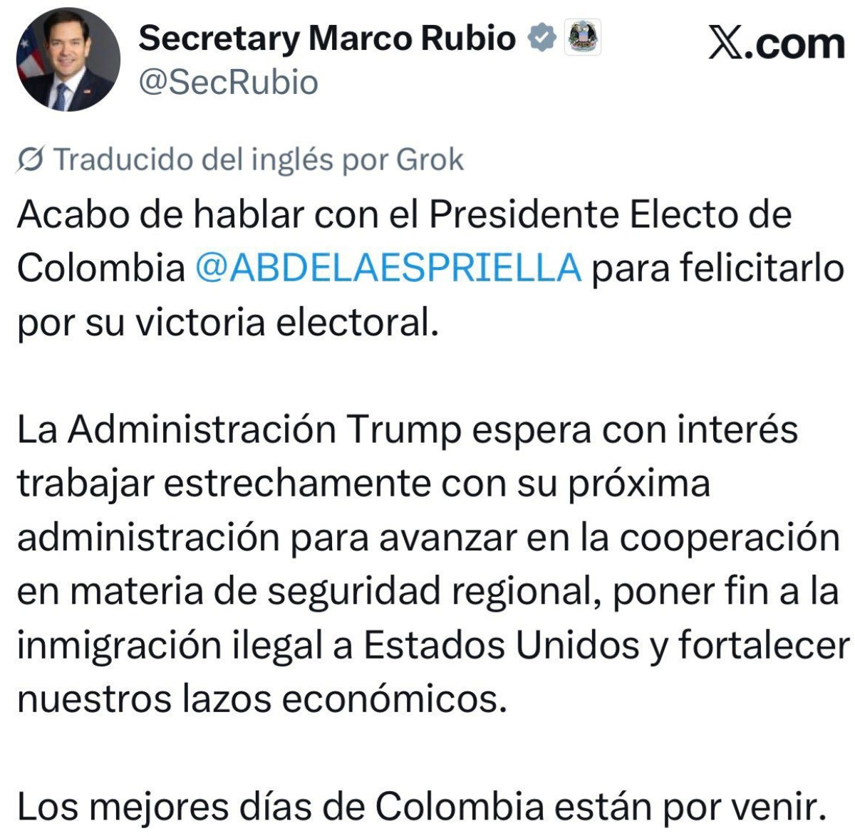 Marco Rubio felicita a Abelardo Espriella por su victoria electoral.