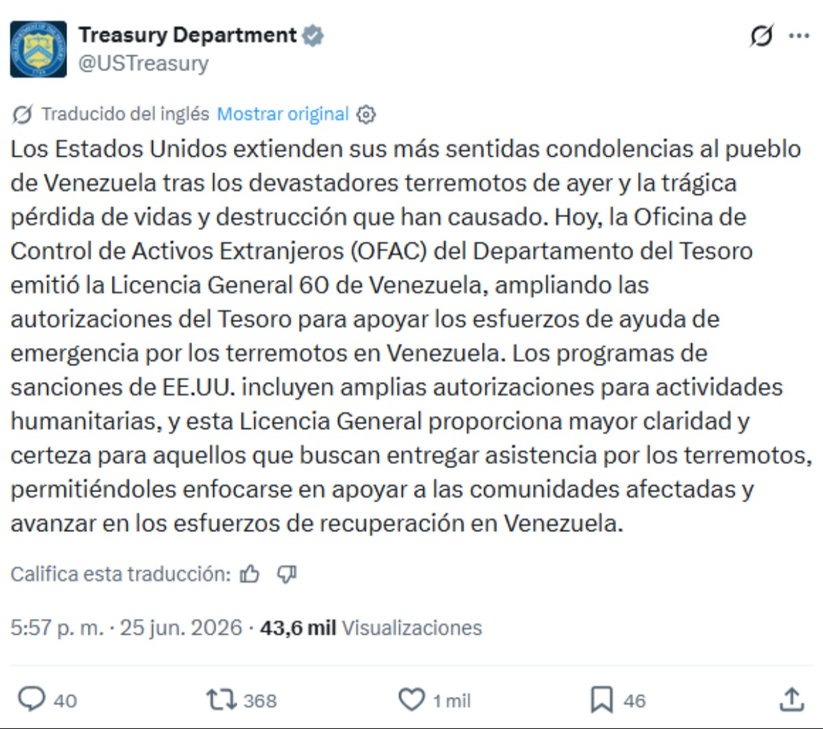Departamento del Tesoro estadounidense otorga la Licencia General 60 a Venezuela.