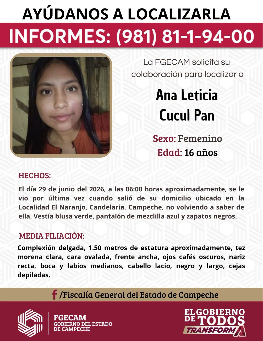 FGECAM activa ficha de búsqueda para localizar a adolescente de El Naranjo