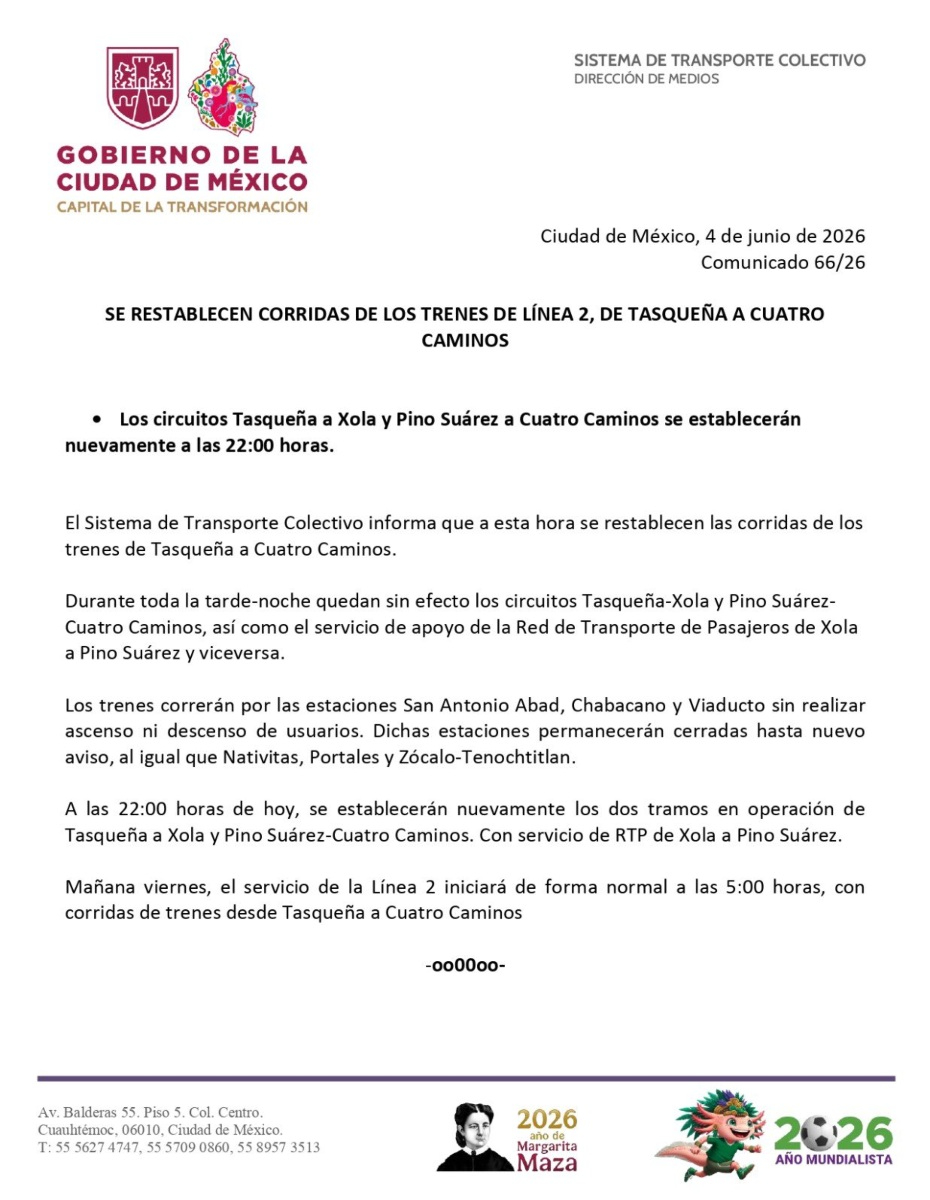 Metro CDMX restablece el servicio de la Línea 2.
