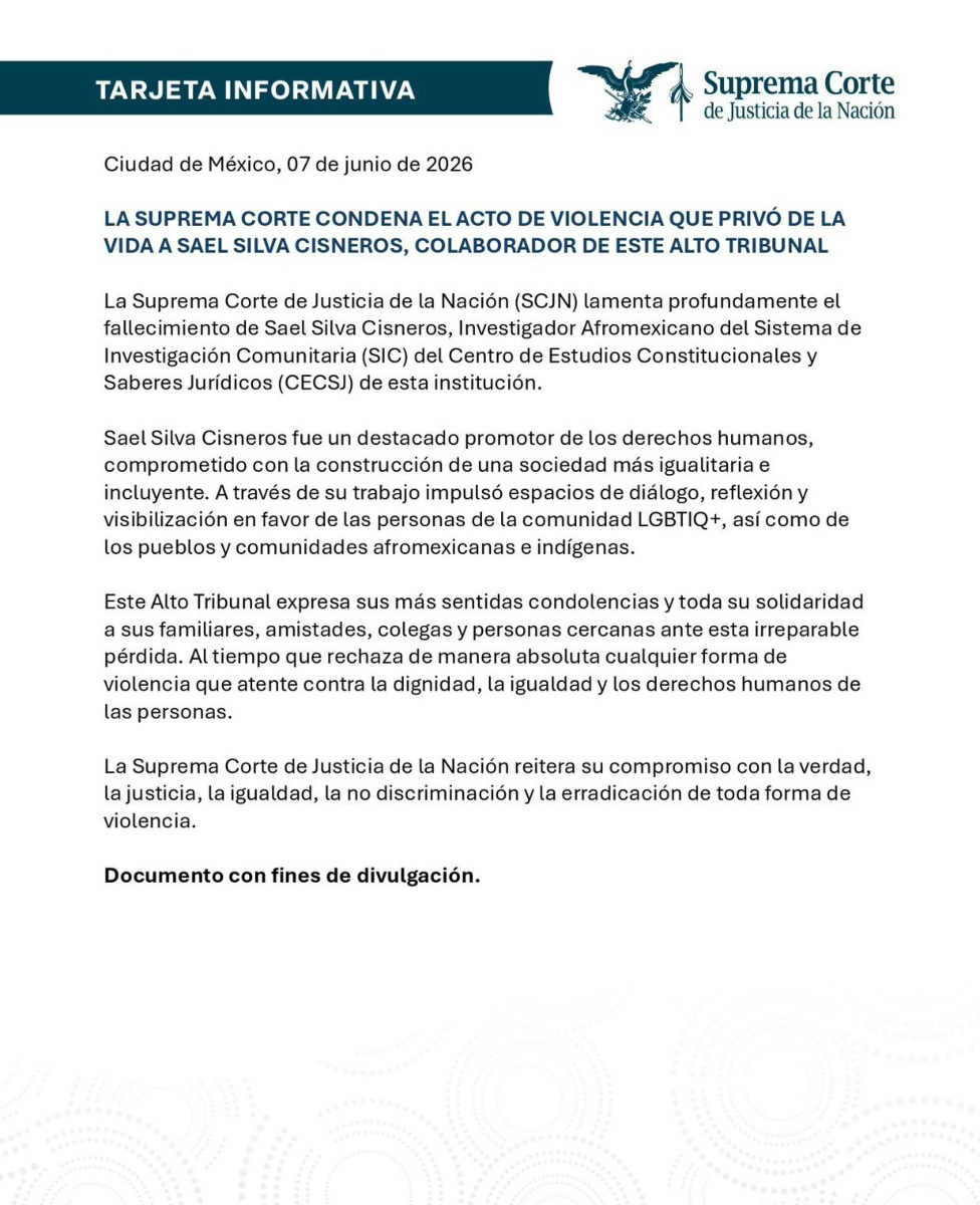 SCJN tarjeta informativa del asesinato de Sael Silva Cisneros.