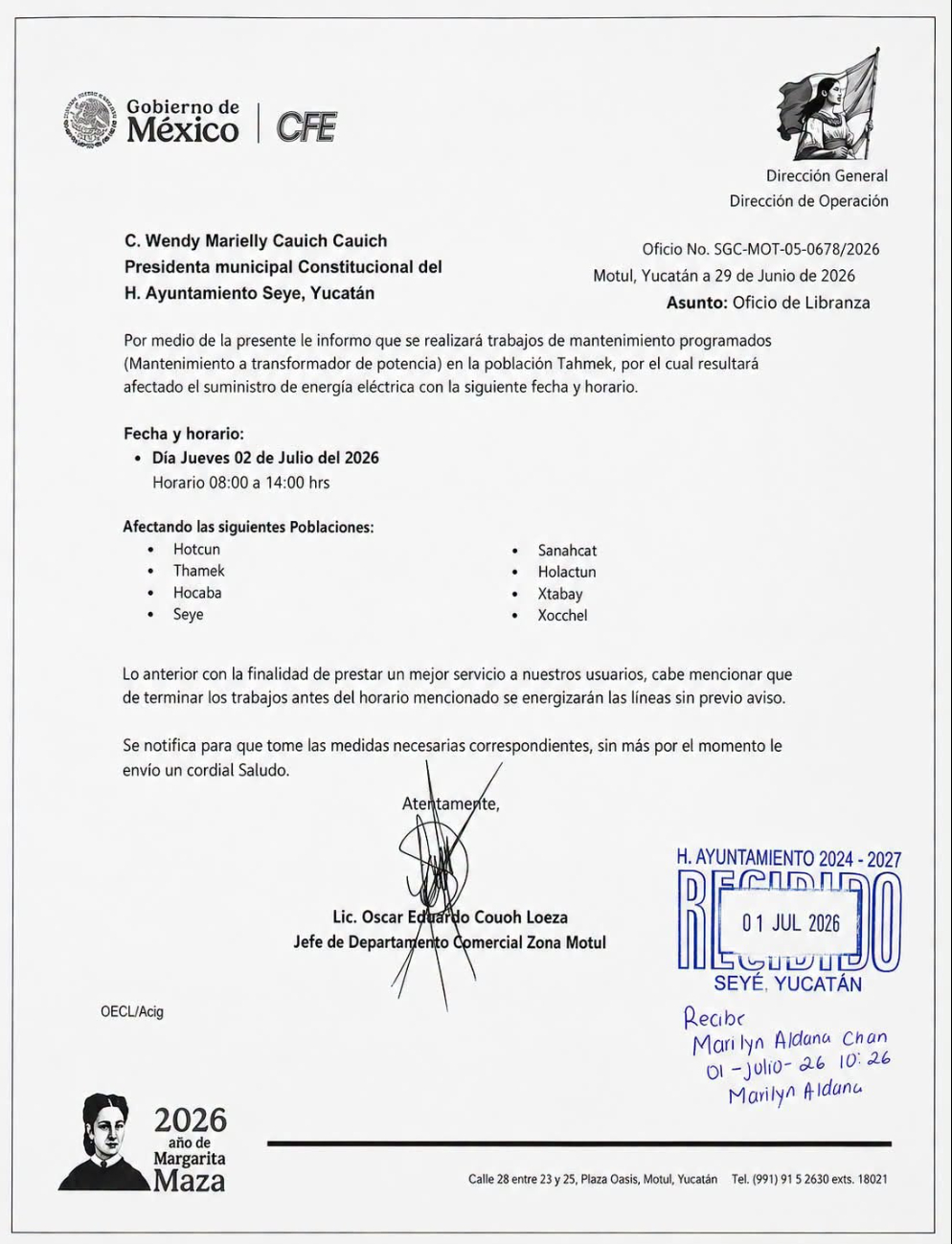 Este es el aviso de la CFE que compartió en su publicación el Ayuntamiento.