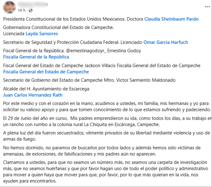 La familia denuncia que fueron privados de la libertad por hombres armados.