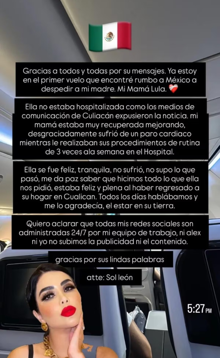 Sol León confirma fallecimiento de su mamá.