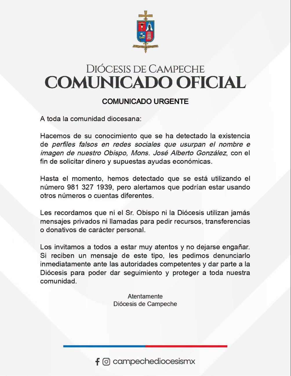Diócesis de Campeche alerta por perfiles falsos que suplantan al obispo para pedir dinero