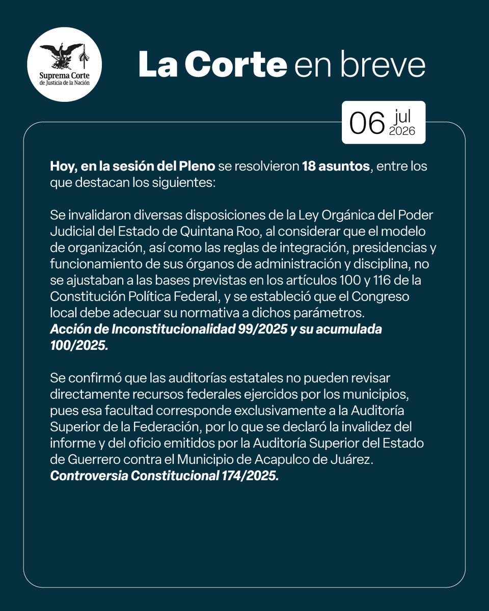 La SCJN publicó las acciones del 6 de julio de 2026