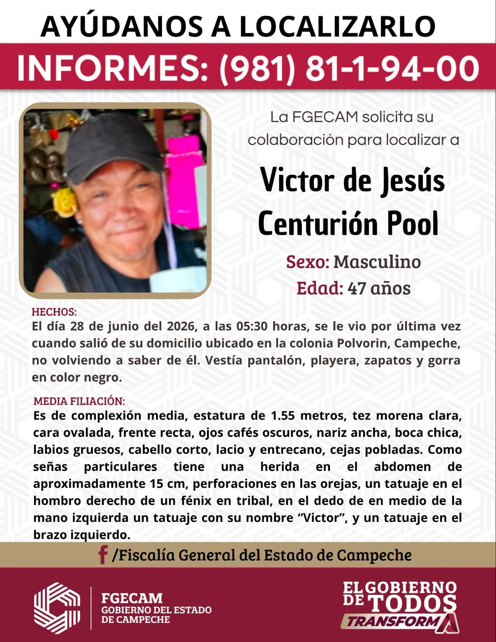 La FGECAM mantiene activa la búsqueda de Víctor de Jesús Centurión Pool.