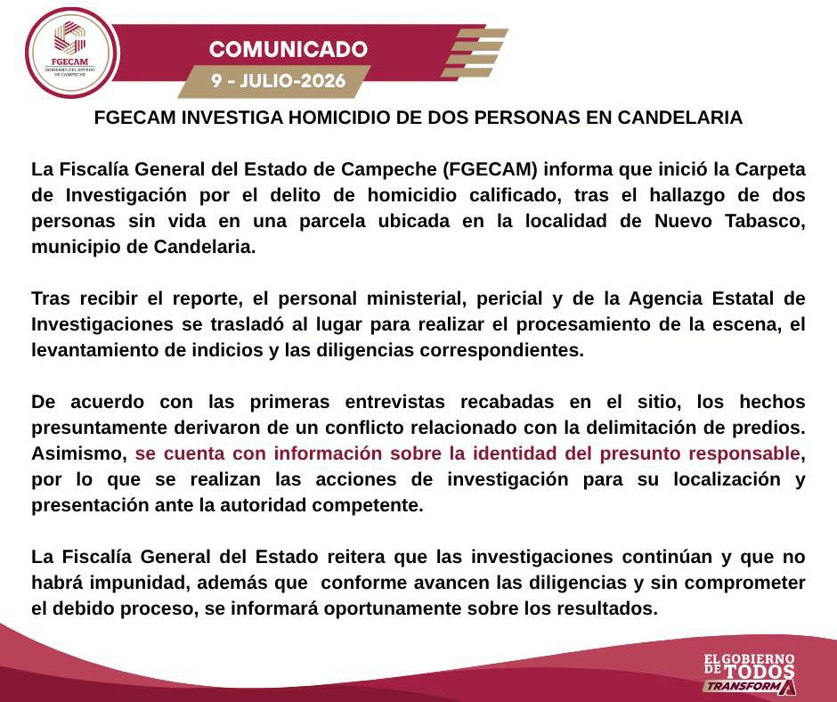 La FGECAM confirmó que ya logró identificar plenamente al presunto autor material del doble homicidio en Candelaria.