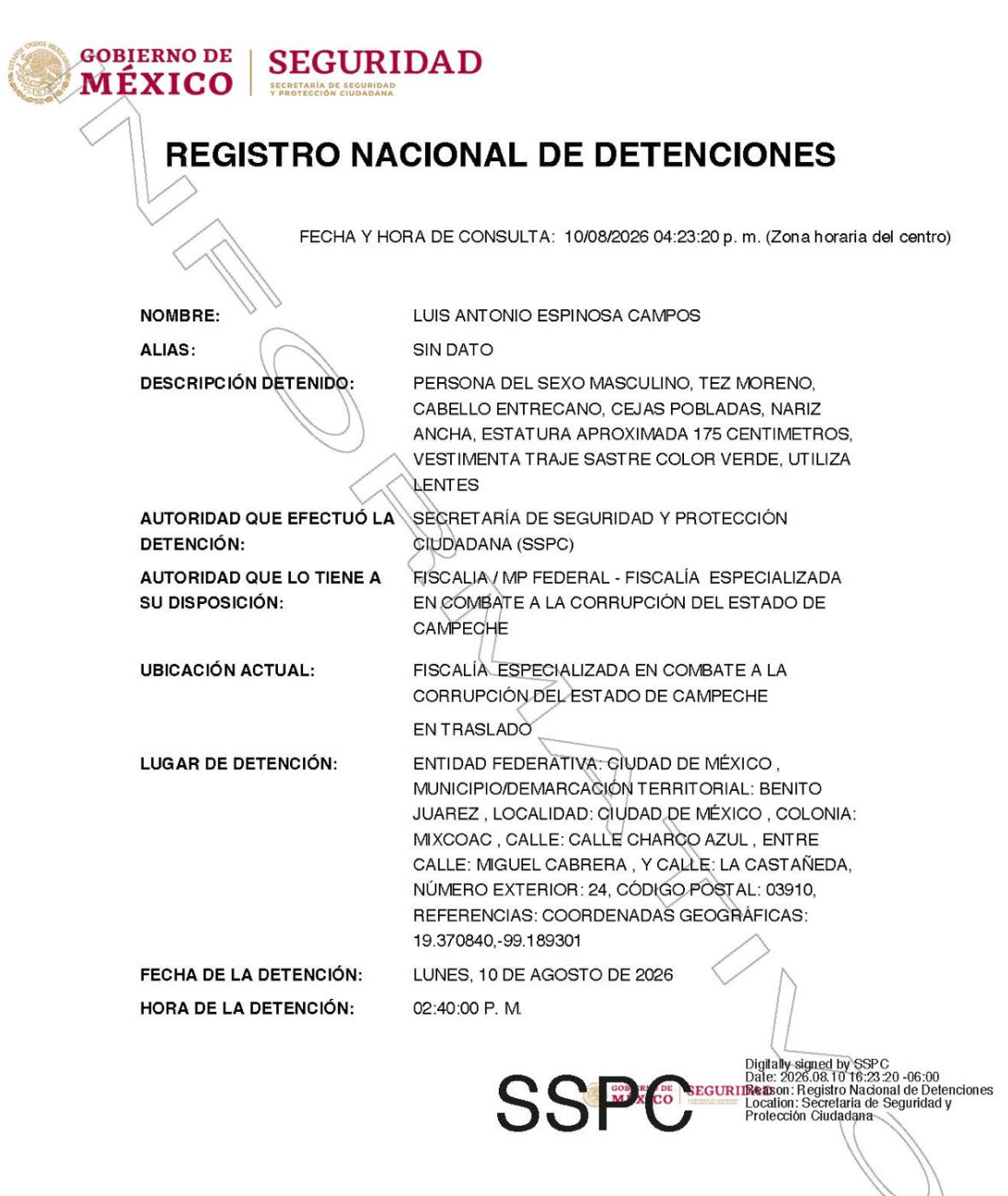 La ficha del Registro Nacional de Detenciones.