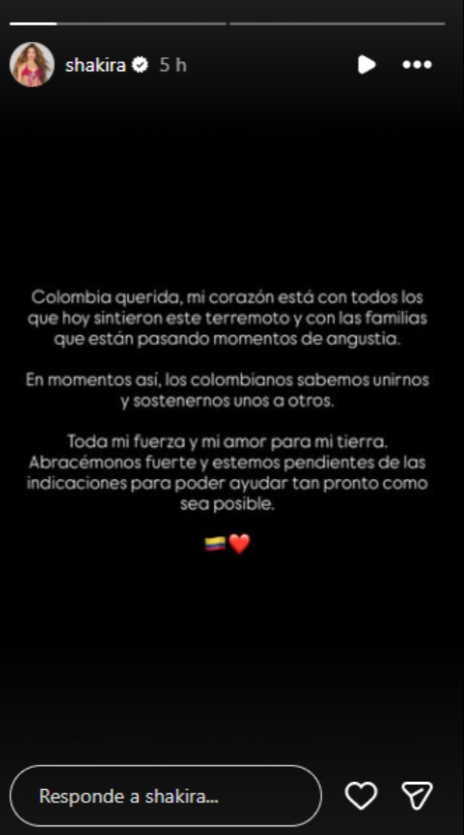 Shakira manda mensaje de apoyo a Colombia.