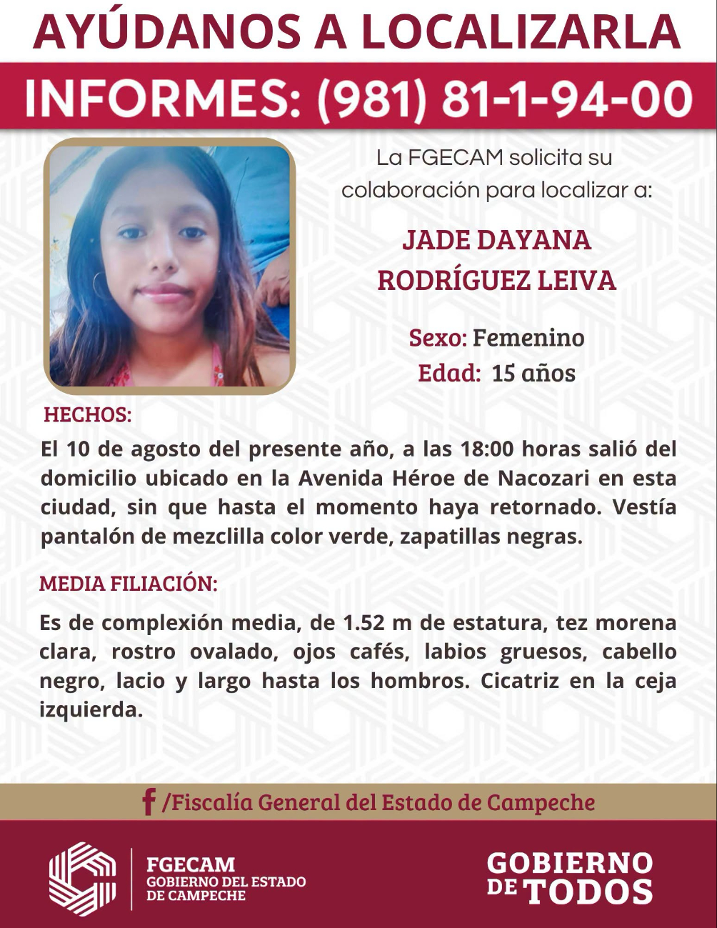 La FGECAM solicitó apoyo ciudadano para localizarla.