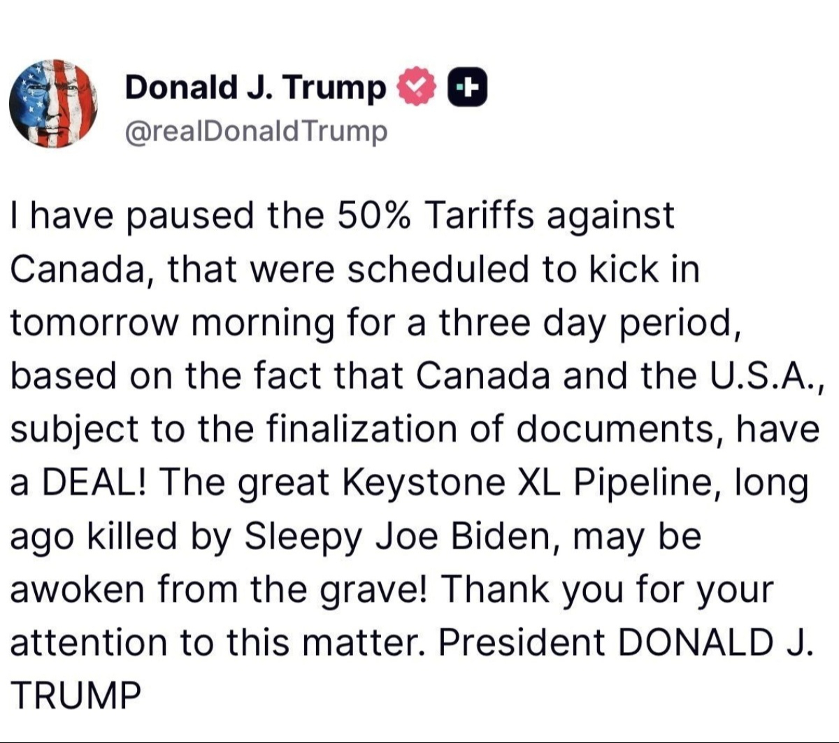 Donald Trump suspende aranceles a Canadá durante tres días.