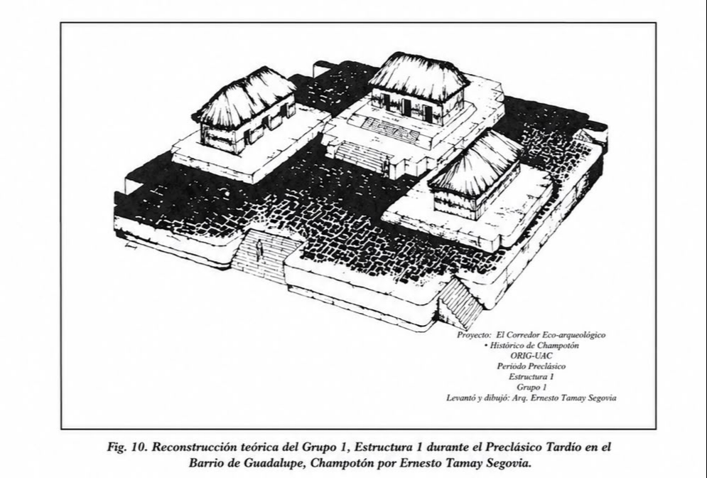 Reconstrucción teórica. Publicada en Los Investigadores de la Cultura Maya 12 / Tomo I