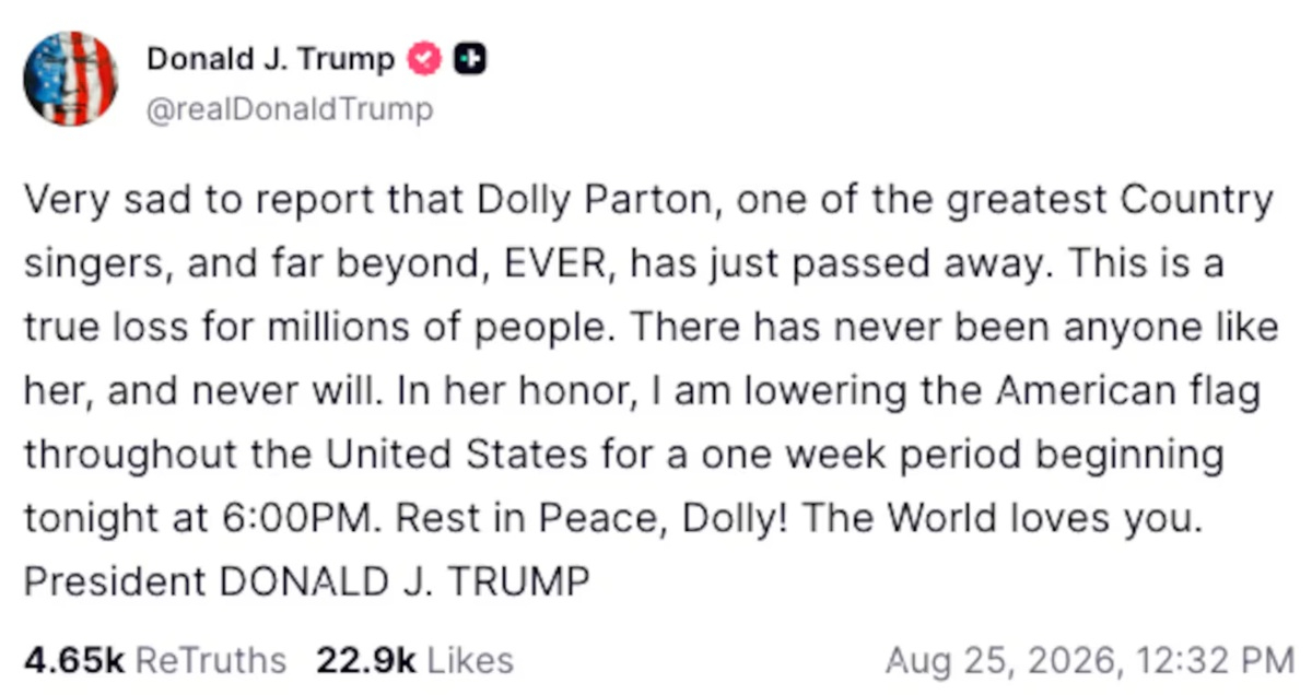 Trump lamenta el fallecimiento de Dolly Parton.