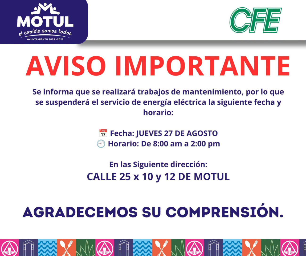 Motul tendrá suspensión de energía eléctrica este jueves; conoce la zona afectada
